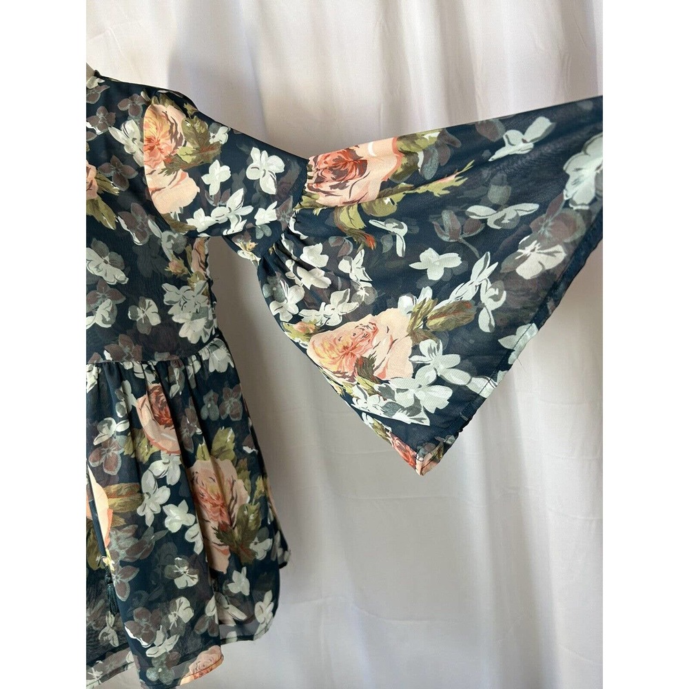 Show Me Your Mumu Womens Sz M floral Bell Sleeve Blouse black and pink see thru - Picture 2 of 8